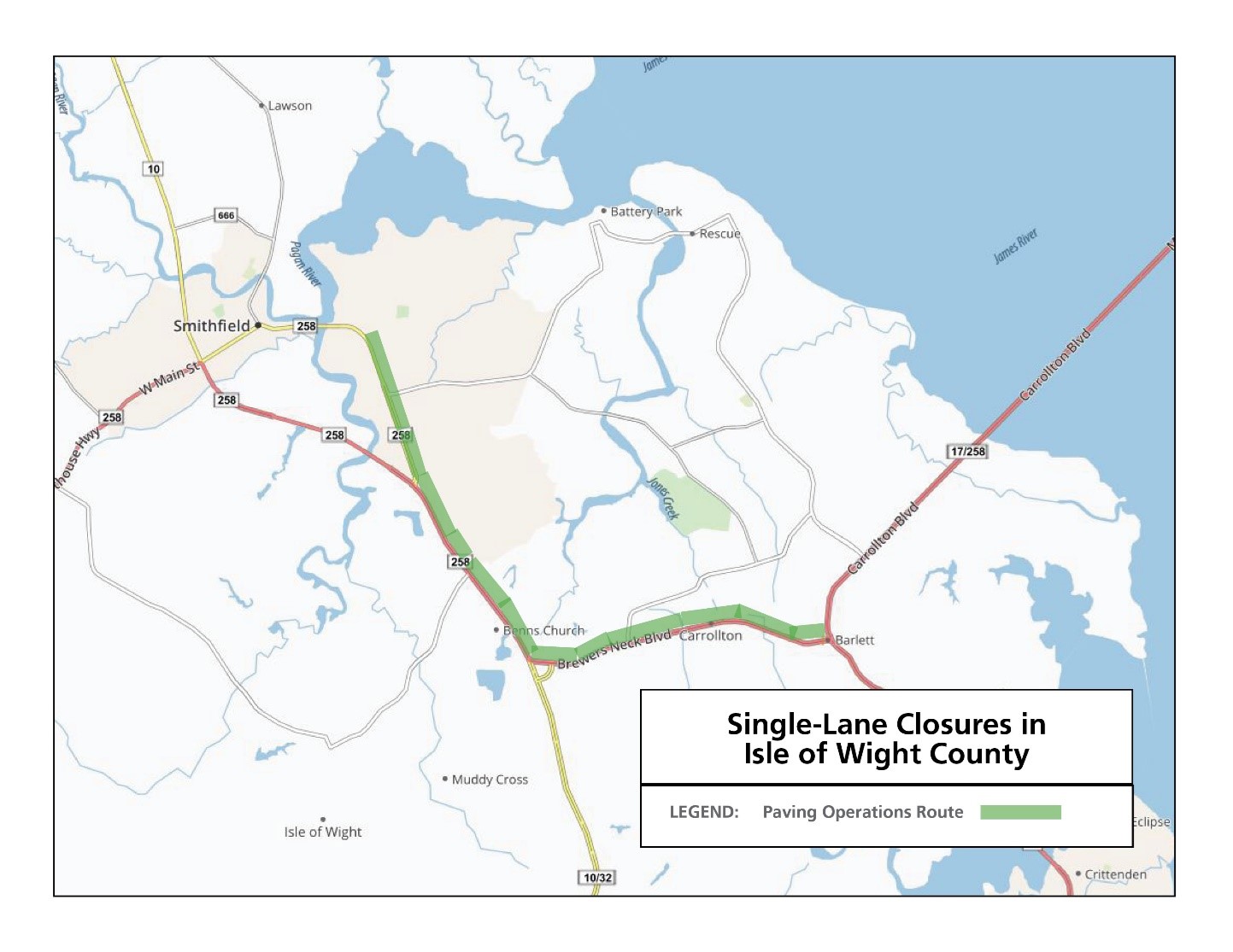 Map showing routes included in the paving work in Isle of Wight County.